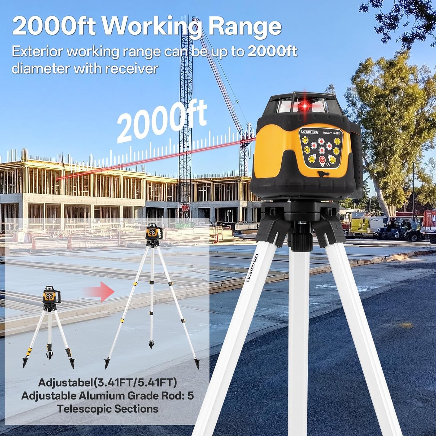 Self-Leveling Rotary Laser Level Kit, Class II ≤ 5 mW Red Laser, 2000 ft Range with Receiver, ±1/8" Accuracy at 100 ft, IP66 Waterproof, Includes Tripod & Grade Rod