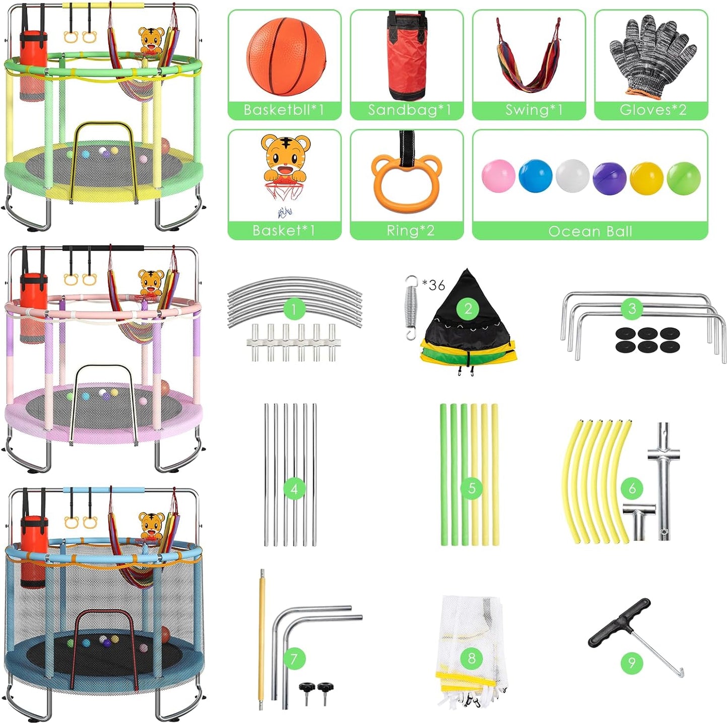 Trampoline for Kids, Upgrade Full Anti-Rust 440lbsToddler Trampoline with Net,Upgraded Ring Legs with Adjustable Gymnastics Bar&Toys, Gifts for Ages 1-8 Boys&Girls