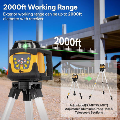 Self-Leveling Green Rotary Laser Level Kit, 2000ft Range with Receiver, ±1/8" Accuracy at 100ft, Class II ≤ 5 mW Laser, IP66 Waterproof, Includes Tripod, Grade Rod & Carrying Case