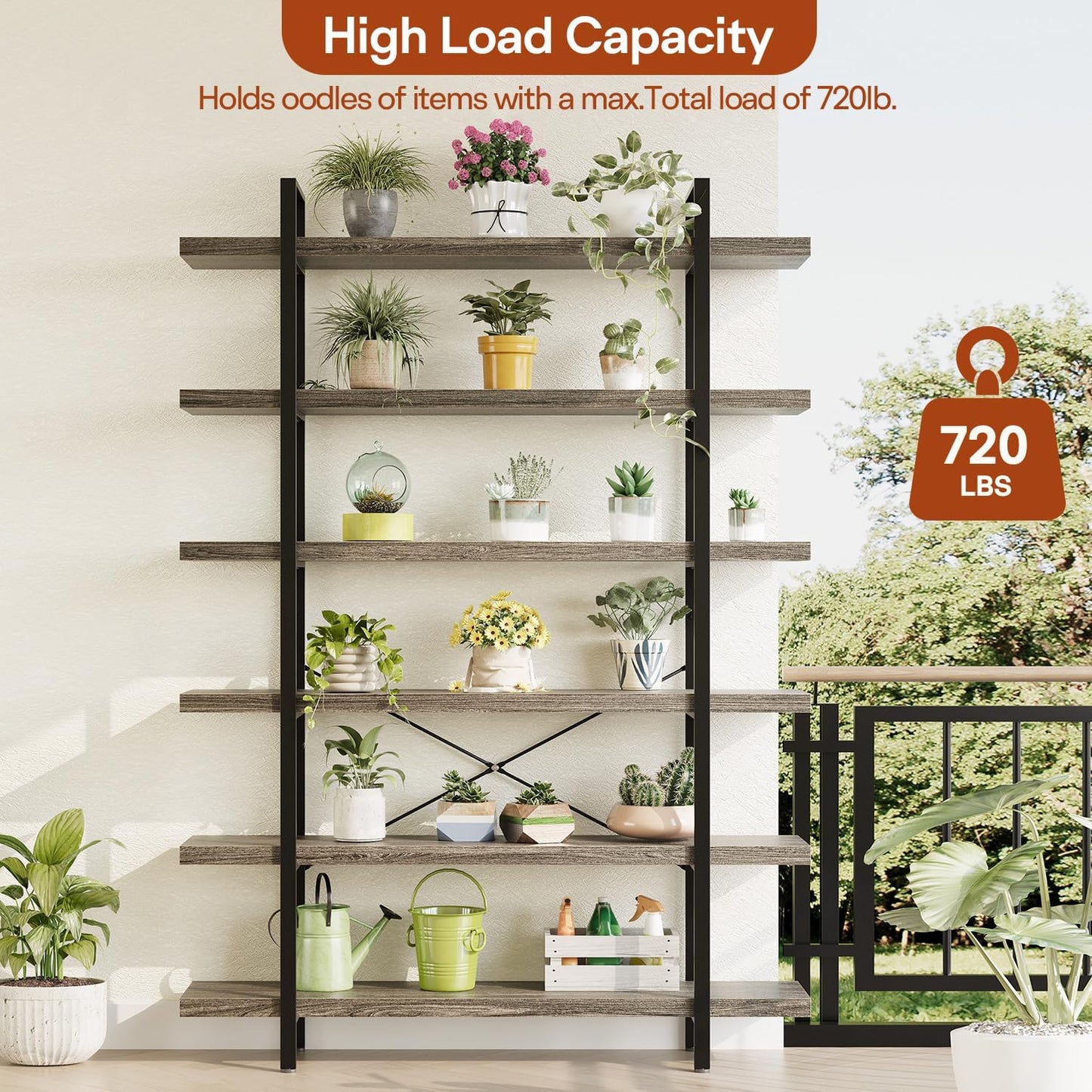 Bookcase, 47 Inch Wide Wood Bookshelf, 120lbs Shelf Capacity Estante, Rustic Open Shelving Industrial Display with Reinforced Horizontal Shelves for Living Room Bedroom Office (6 Tier - Grey)