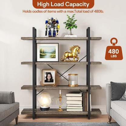 Bookcase, 47 Inch Wide Wood Bookshelf, 120lbs Shelf Capacity Estante, Rustic Open Shelving Industrial Display with Reinforced Horizontal Shelves for Living Room Bedroom Office (4 Tier - Grey)