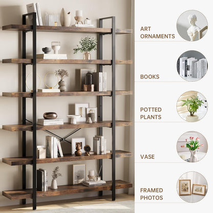6 Tier Bookcase, 47 Inch Wide Wood Bookshelf, 120lbs Shelf Capacity Estante, Rustic Open Shelving Industrial Display with Reinforced Horizontal Brown Shelves for Living Room Bedroom Office