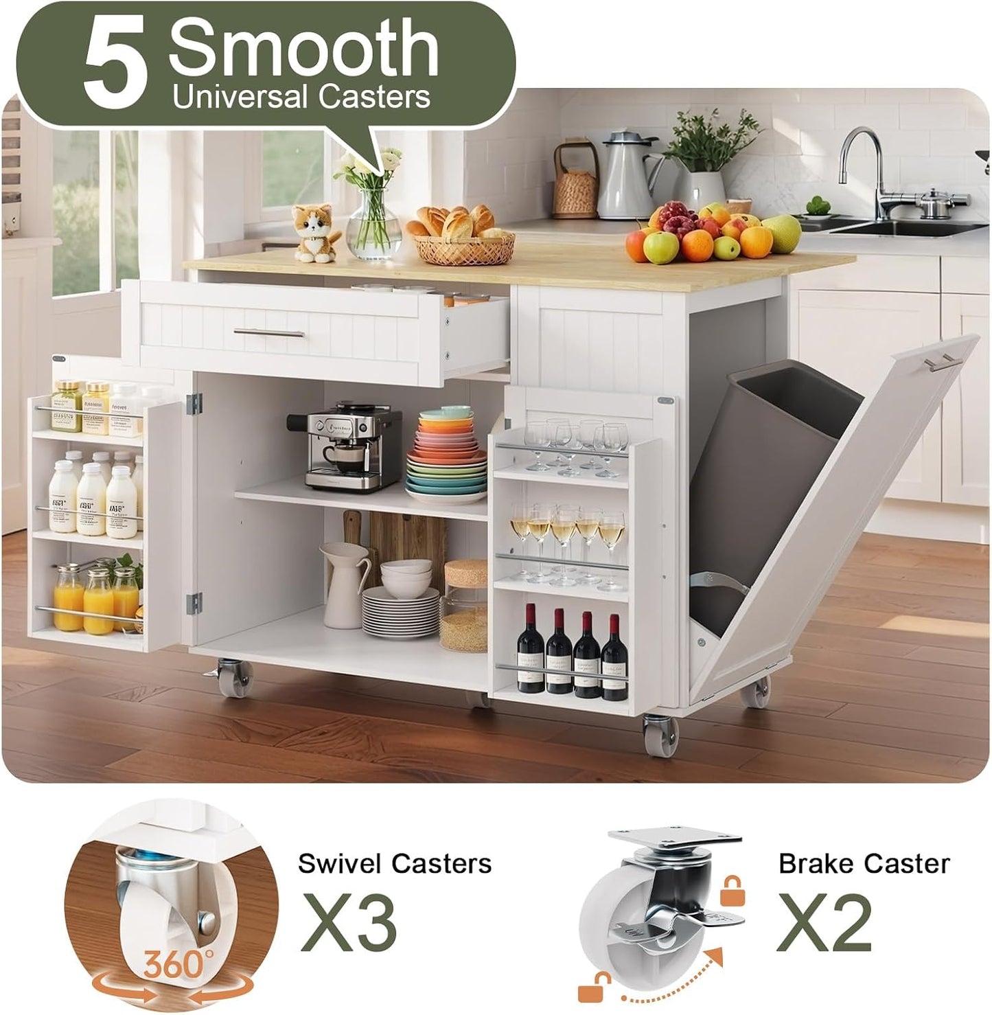 Kitchen Island with Storage, Island Table for Kitchen with Widen Drop Leaf Rubberwood Top, Trash Can Storage and Towel Bar, Rolling Kitchen Island Cart on Wheels for Indoor Outdoor, White
