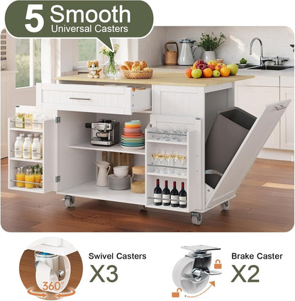 Kitchen Island with Storage, Island Table for Kitchen with Widen Drop Leaf Rubberwood Top, Trash Can Storage and Towel Bar, Rolling Kitchen Island Cart on Wheels for Indoor Outdoor, White