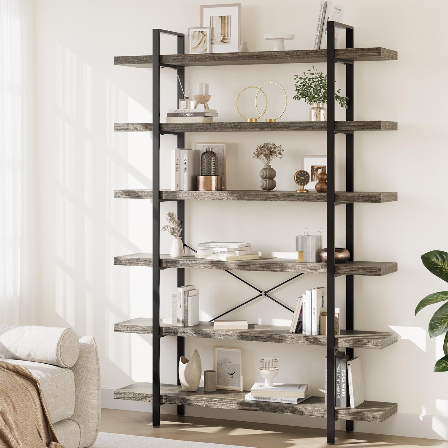 Bookcase, 47 Inch Wide Wood Bookshelf, 120lbs Shelf Capacity Estante, Rustic Open Shelving Industrial Display with Reinforced Horizontal Shelves for Living Room Bedroom Office (6 Tier - Grey)