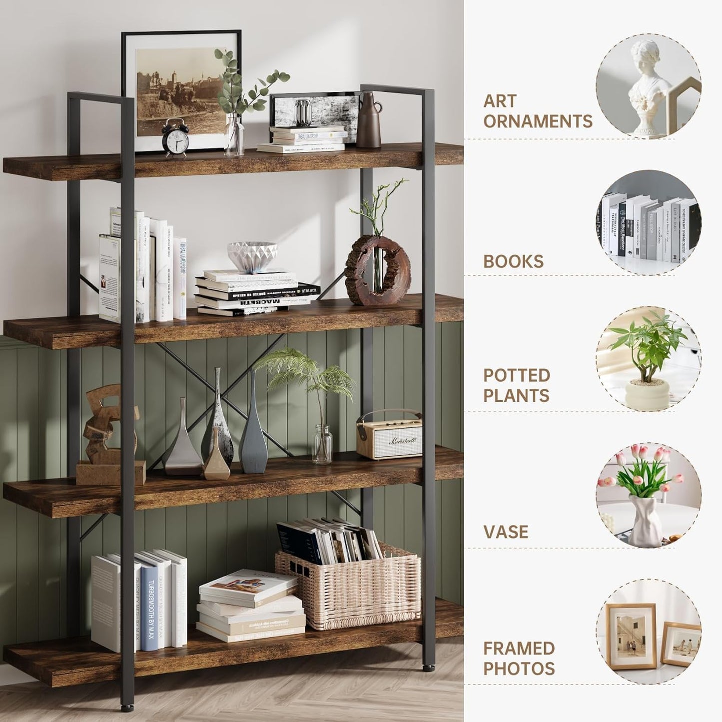 4 Tier Bookcase, 47 Inch Wide Wood Bookshelf, 120lbs Shelf Capacity Estante, Rustic Open Shelving Industrial Display with Reinforced Horizontal Brown Shelves for Living Room Bedroom Office