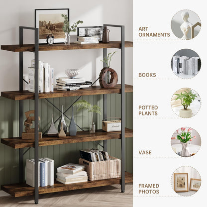 4 Tier Bookcase, 47 Inch Wide Wood Bookshelf, 120lbs Shelf Capacity Estante, Rustic Open Shelving Industrial Display with Reinforced Horizontal Brown Shelves for Living Room Bedroom Office