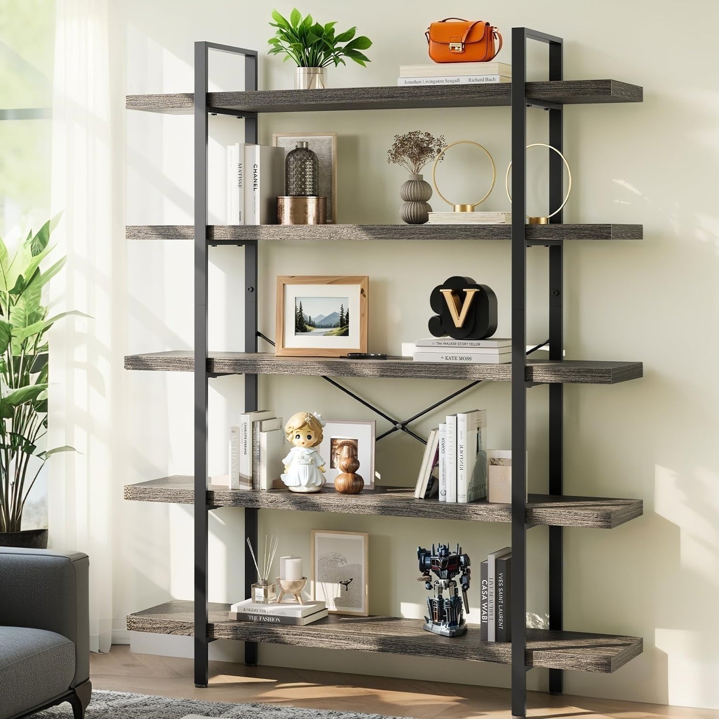 Bookcase, 47 Inch Wide Wood Bookshelf, 120lbs Shelf Capacity Estante, Rustic Open Shelving Industrial Display with Reinforced Horizontal Shelves for Living Room Bedroom Office (5 Tier - Grey)