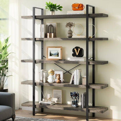 Bookcase, 47 Inch Wide Wood Bookshelf, 120lbs Shelf Capacity Estante, Rustic Open Shelving Industrial Display with Reinforced Horizontal Shelves for Living Room Bedroom Office (5 Tier - Grey)