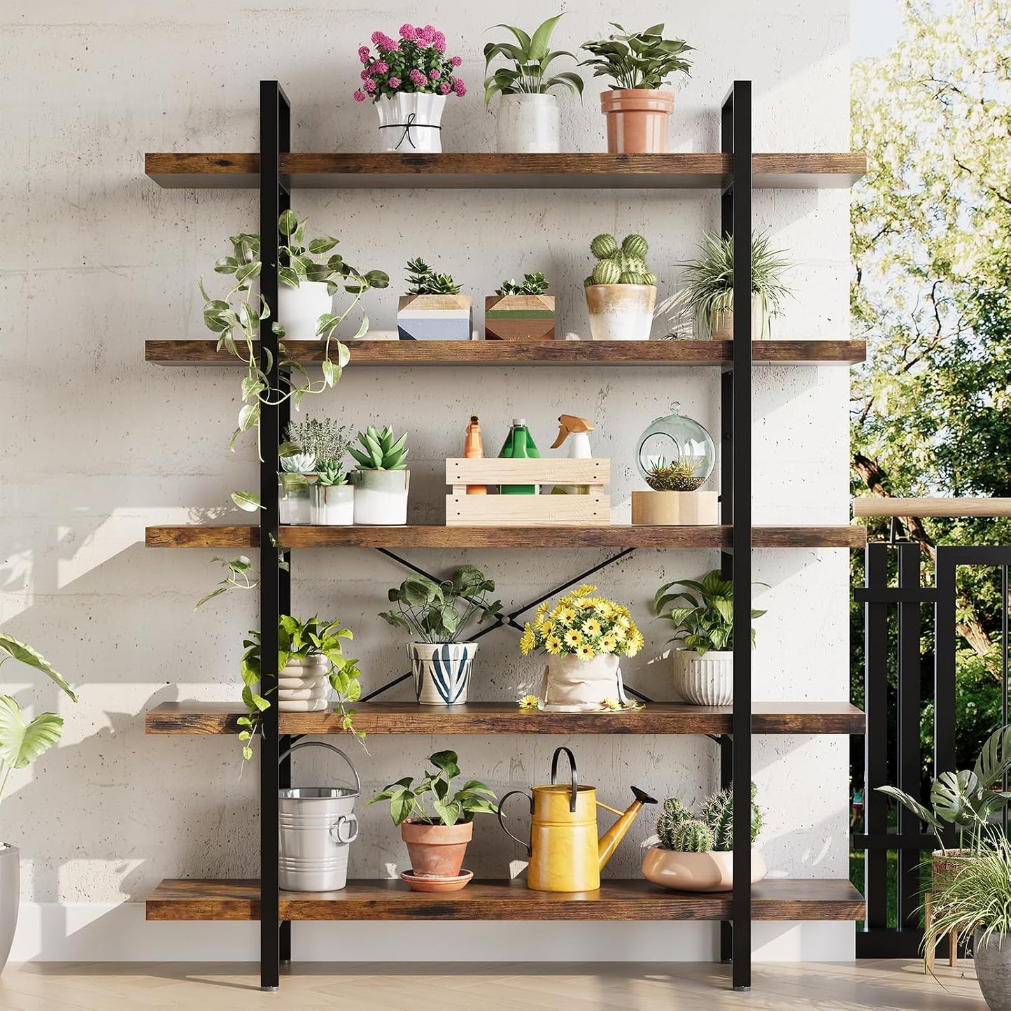 5 Tier Bookcase, 47 Inch Wide Wood Bookshelf, 120lbs Shelf Capacity Estante, Rustic Open Shelving Industrial Display with Reinforced Horizontal Brown Shelves for Living Room Bedroom Office