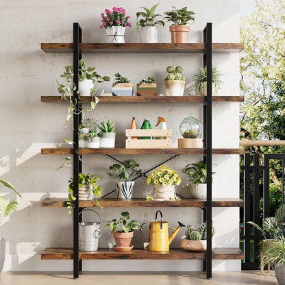 5 Tier Bookcase, 47 Inch Wide Wood Bookshelf, 120lbs Shelf Capacity Estante, Rustic Open Shelving Industrial Display with Reinforced Horizontal Brown Shelves for Living Room Bedroom Office