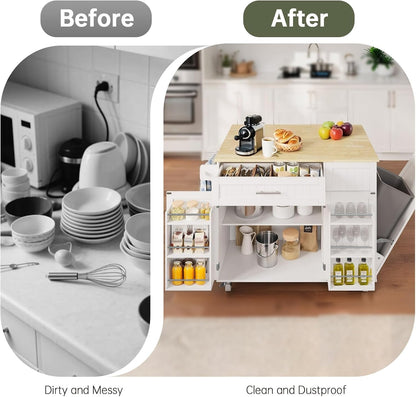 Kitchen Island with Storage, Island Table for Kitchen with Widen Drop Leaf Rubberwood Top, Trash Can Storage and Towel Bar, Rolling Kitchen Island Cart on Wheels for Indoor Outdoor, White
