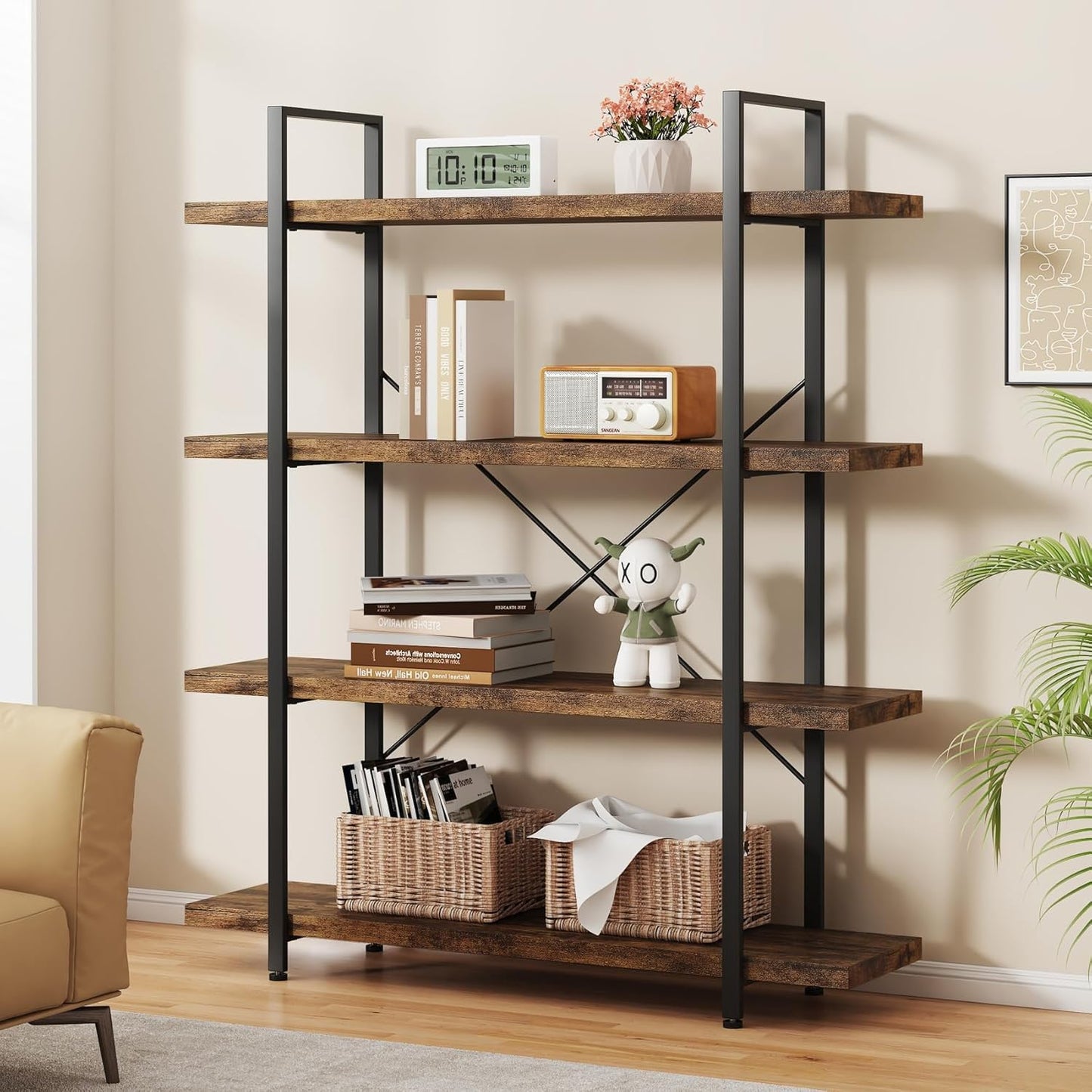 4 Tier Bookcase, 47 Inch Wide Wood Bookshelf, 120lbs Shelf Capacity Estante, Rustic Open Shelving Industrial Display with Reinforced Horizontal Brown Shelves for Living Room Bedroom Office