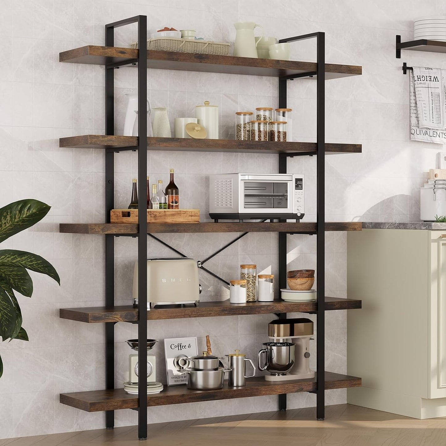 5 Tier Bookcase, 47 Inch Wide Wood Bookshelf, 120lbs Shelf Capacity Estante, Rustic Open Shelving Industrial Display with Reinforced Horizontal Brown Shelves for Living Room Bedroom Office