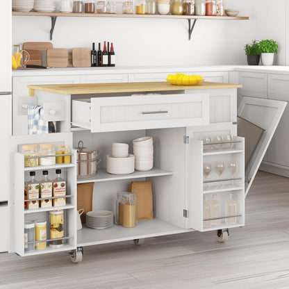 Kitchen Island with Storage, Island Table for Kitchen with Widen Drop Leaf Rubberwood Top, Trash Can Storage and Towel Bar, Rolling Kitchen Island Cart on Wheels for Indoor Outdoor, White