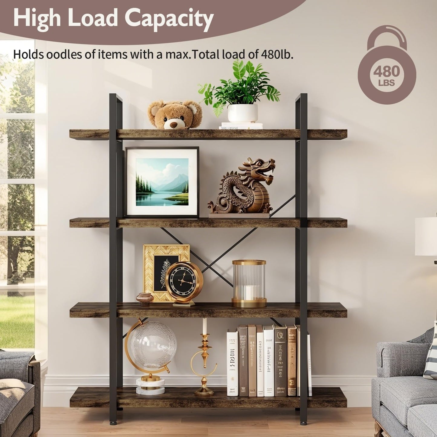 4 Tier Bookcase, 47 Inch Wide Wood Bookshelf, 120lbs Shelf Capacity Estante, Rustic Open Shelving Industrial Display with Reinforced Horizontal Brown Shelves for Living Room Bedroom Office