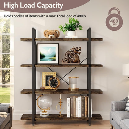 4 Tier Bookcase, 47 Inch Wide Wood Bookshelf, 120lbs Shelf Capacity Estante, Rustic Open Shelving Industrial Display with Reinforced Horizontal Brown Shelves for Living Room Bedroom Office